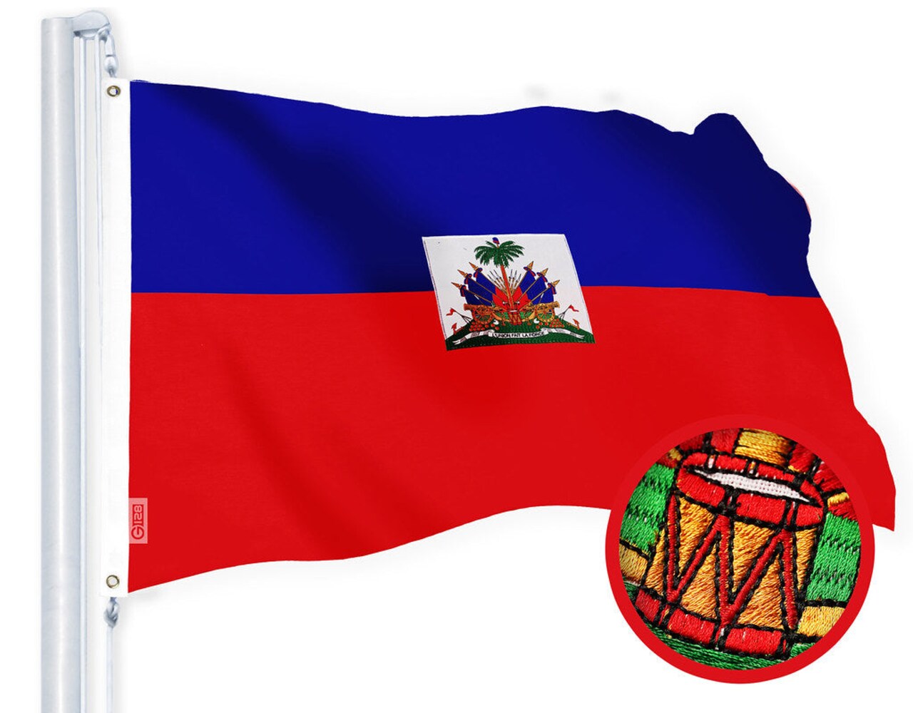G128 Haiti Haitian Flag | 3x5 Ft | Embroidered 220GSM Spun Polyester - Embroidered Stars, Sewn Stripes, Brass Grommets, Indoor/Outdoor, Vibrant Colors, Heavy Duty Spun Polyester